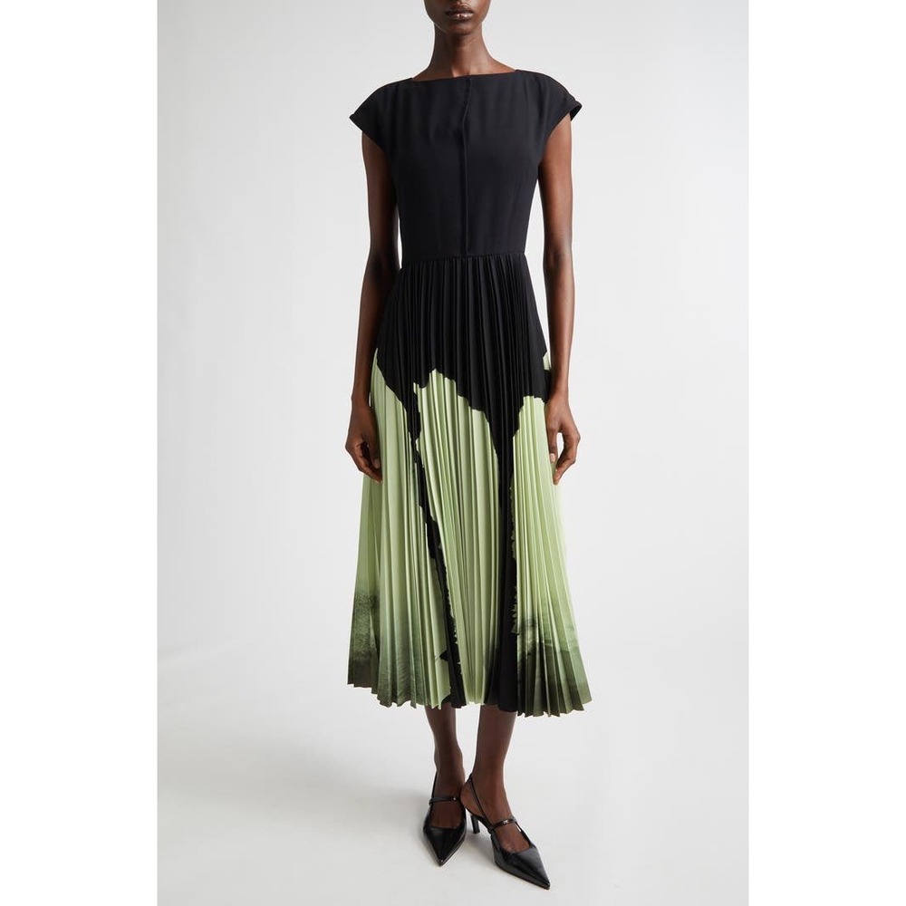 $1895 Jason Wu Collection Black Green‎ Abstract Pleated Midi Dress Cap Sleeve M